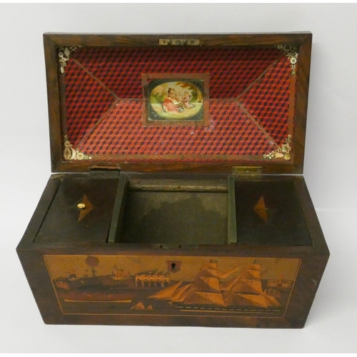 447 - An early 19th century mahogany tea caddy, all inlaid and decorated with paddle steamer and other mar... 