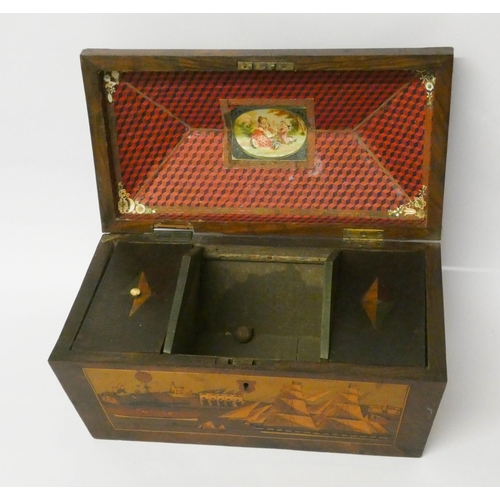 447 - An early 19th century mahogany tea caddy, all inlaid and decorated with paddle steamer and other mar... 