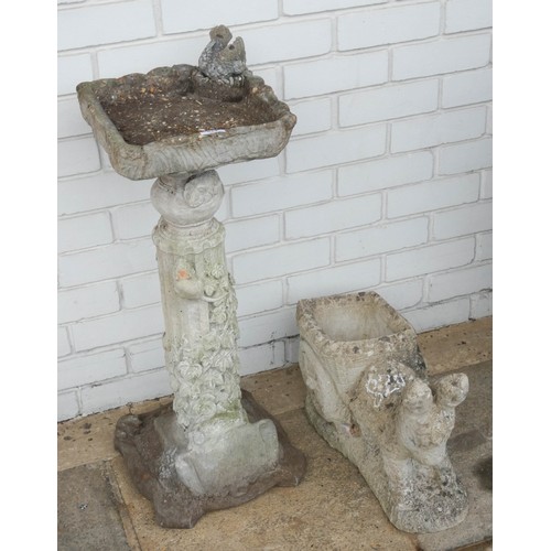 830 - A reconstituted stone garden bird bath depicting mice trying to get a bird together with a reconstit... 