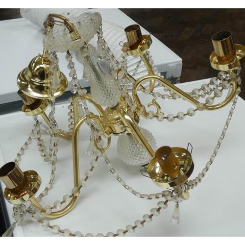 176 - A set of three five branch brass and glass lustre chandeliers