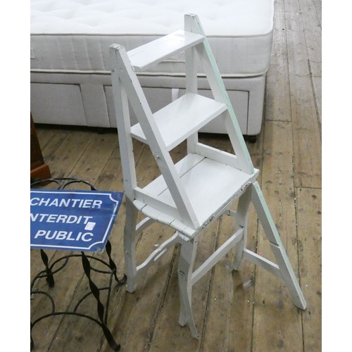 332 - Folding white painted library steps (as found), iron stool and a French sign