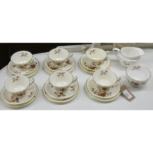 103 - Eighteen piece Royal Worcester fruit decorated tea set and a similar milk jug and sugar bowl