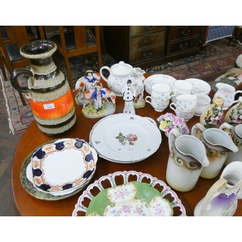 113 - West German vase, Staffordshire figures, Sadler floral decorated tea set, Rosenthal and other plates... 