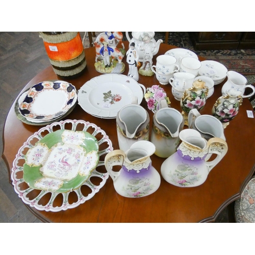 113 - West German vase, Staffordshire figures, Sadler floral decorated tea set, Rosenthal and other plates... 