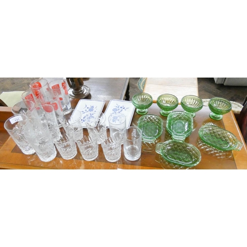 131 - Various cut and other drinking glasses, green glass dishes and a pair of blue and white dishes