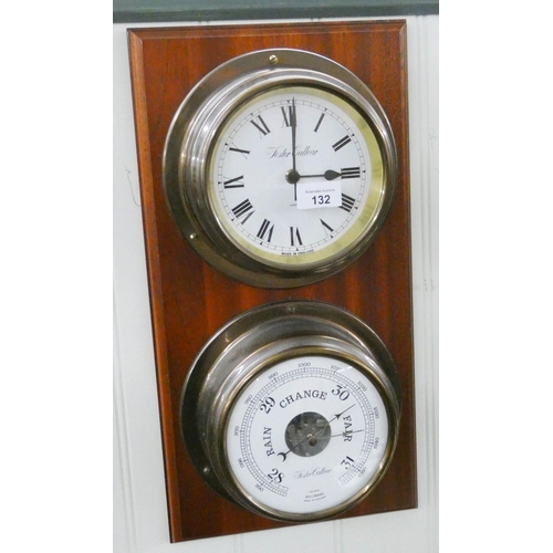 132 - A ships style clock and barometer on plaque