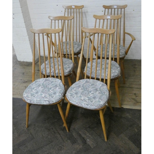 2 - A set of six Ercol light elm high spindle back dining chairs with loose seat pads, comprising  four ...