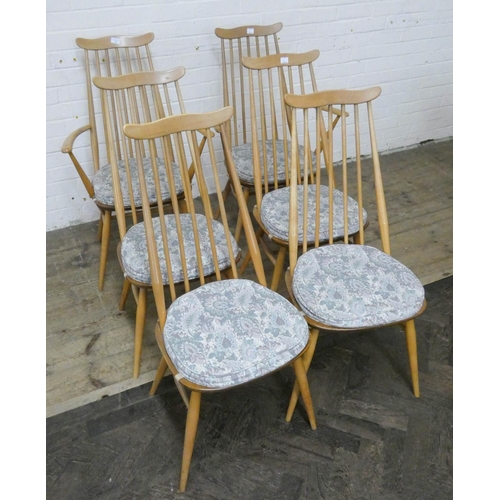 2 - A set of six Ercol light elm high spindle back dining chairs with loose seat pads, comprising  four ...