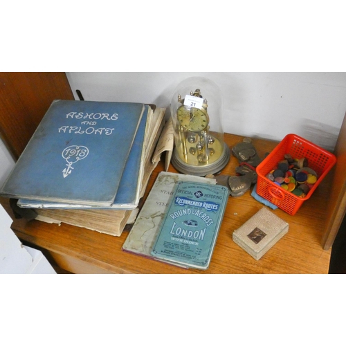 21 - A 400 day clock, old bible, two books 'Ashore & 'Afloat' dated 1916 & 1918, old map etc