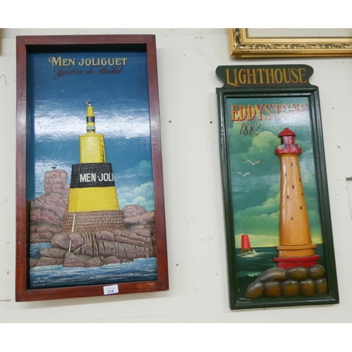 214 - A wooden panel lighthouse picture and another of a warning buoy