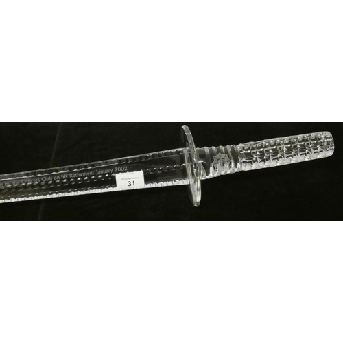 31 - A Welsh Royal Crystal presentation glass sword, with presentation engraving dated 2002...