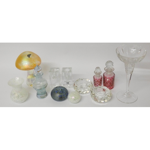 38 - Various glass paperweights, perfume bottles, candlesticks etc