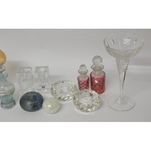 38 - Various glass paperweights, perfume bottles, candlesticks etc