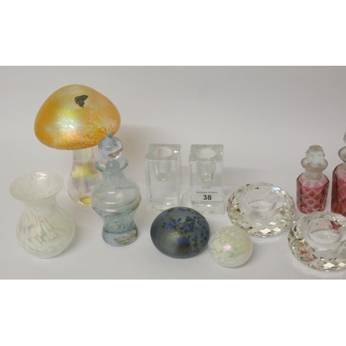 38 - Various glass paperweights, perfume bottles, candlesticks etc