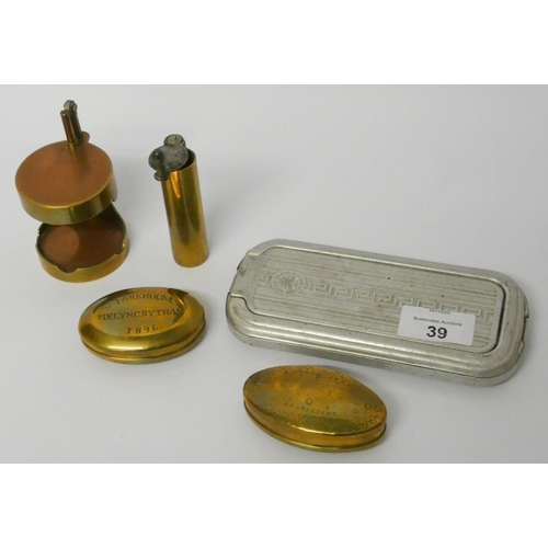 39 - Two oval antique brass snuff boxes, cigar holder, An old Rolls razor, etc...