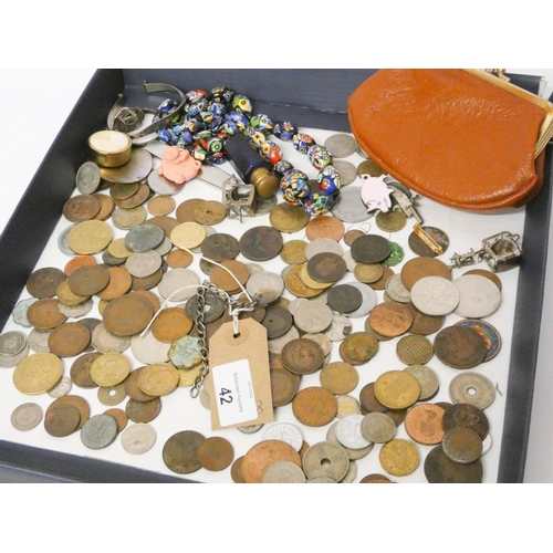 42 - A collection of old coins, perfume bottle, Murano glass bead necklace, purse etc...