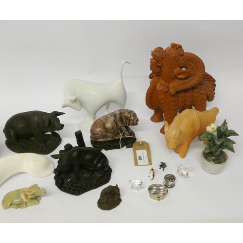 46 - Various pig ornaments, unusual terracotta ram figurine, pill boxes etc....