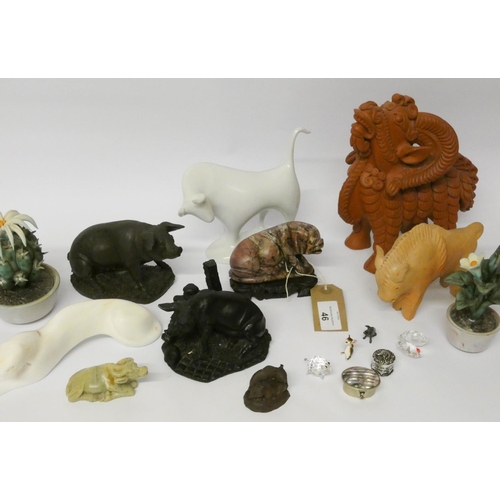 46 - Various pig ornaments, unusual terracotta ram figurine, pill boxes etc....