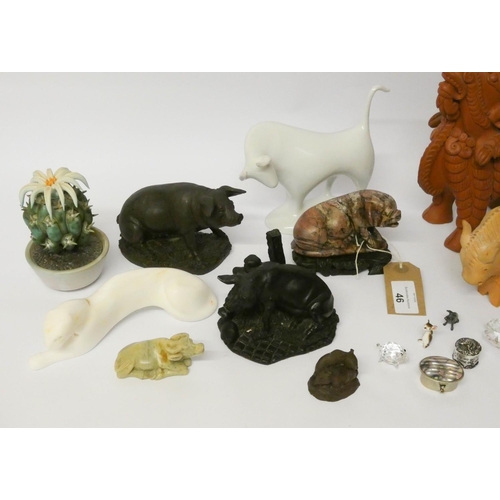 46 - Various pig ornaments, unusual terracotta ram figurine, pill boxes etc....