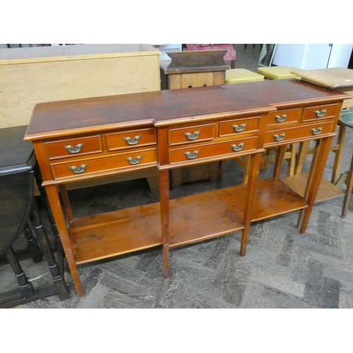 89 - Reproduction yew wood two tier hall table fitted nine small drawers, 4' wide