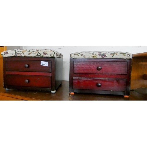 269 - Small pair of footstools and a small pair of padded top chest of storage drawers