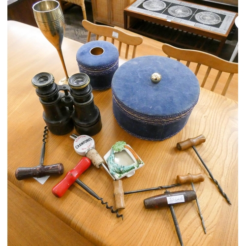 50 - Pair of binoculars, old tins, corkscrews, goblet etc...