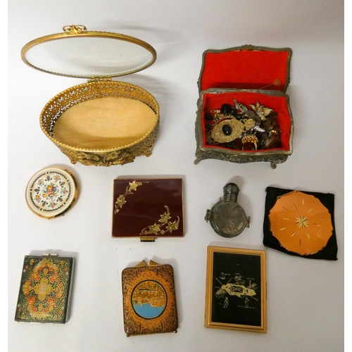 53 - A collection Stratton and other compact's in two trinket boxes and a cased perfume bottle