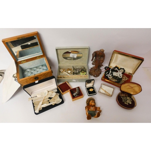 55 - Chinese mother of pearl counters, miniature Steiff Hedgehog, costume jewellery in boxes, cuff links ...