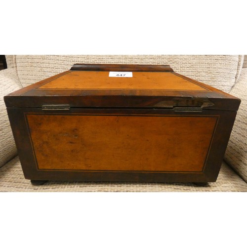 447 - An early 19th century mahogany tea caddy, all inlaid and decorated with paddle steamer and other mar... 