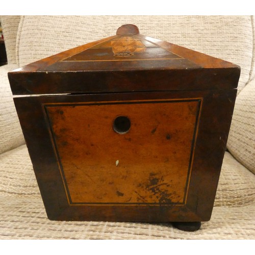 447 - An early 19th century mahogany tea caddy, all inlaid and decorated with paddle steamer and other mar... 