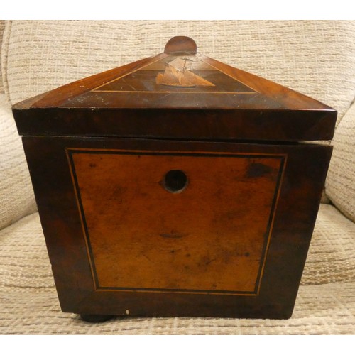 447 - An early 19th century mahogany tea caddy, all inlaid and decorated with paddle steamer and other mar... 