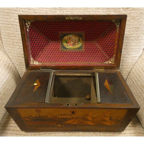 447 - An early 19th century mahogany tea caddy, all inlaid and decorated with paddle steamer and other mar... 