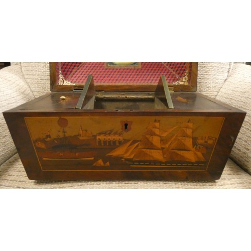 447 - An early 19th century mahogany tea caddy, all inlaid and decorated with paddle steamer and other mar... 