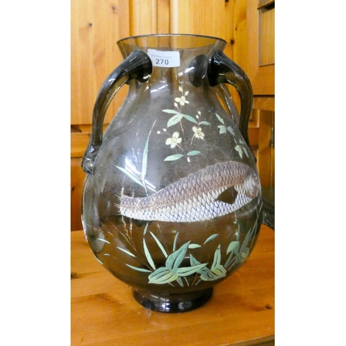 270 - Art Nouveau glass fish painted vase, Crown Devon style teapot on stand and a chamber pot