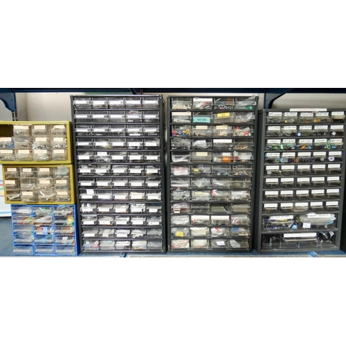 372 - Three large multi drawer cabinets containing vintage audio visual transistors, resisters and capacit... 