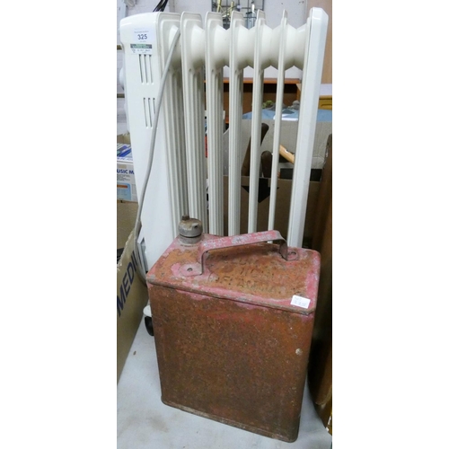 325 - A five fin electric oil filled radiator and an old petrol can