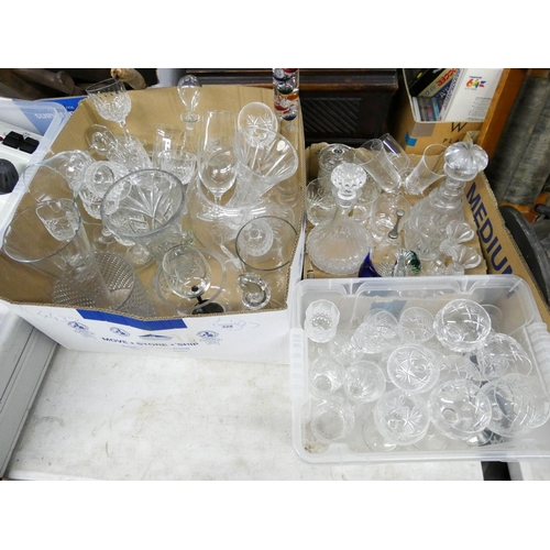 328 - Three large boxes of drinking glasses, glass vases, decanters etc