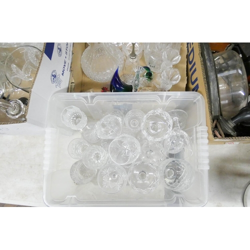 328 - Three large boxes of drinking glasses, glass vases, decanters etc