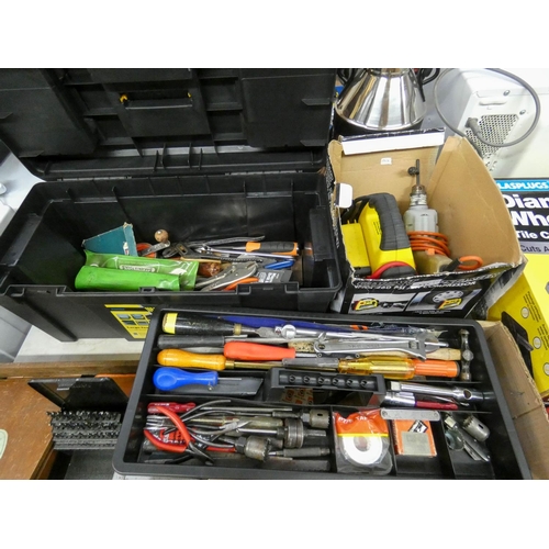 337 - A compact battery jump starter, an electric drill and a Workzone tool box with contents