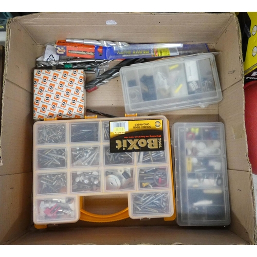 338 - Three small storage boxes of nuts, bolts, screws etc, two boxed drill bit sets and a British Standar... 