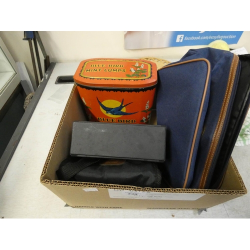 349 - An old Bluebird mint lump tin, two pairs of binoculars and a sports watch