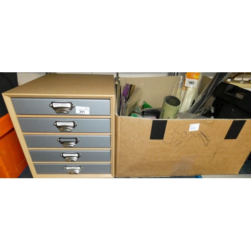 391 - A small table top five drawer cabinet containing hand tools and a large box containing cable ties, s... 