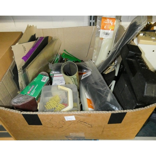 391 - A small table top five drawer cabinet containing hand tools and a large box containing cable ties, s... 