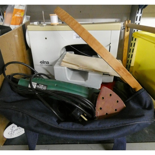 392 - ELNA sewing machine, two crochet boards and a Parkside sander