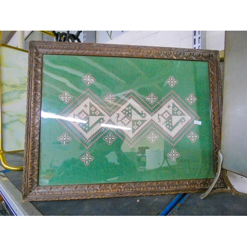 402 - Framed crochet picture and a spark guard