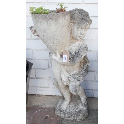 491 - A cherub holding a urn garden planter