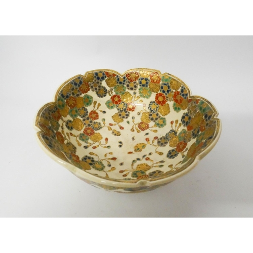 521 - Japanese Satsuma bowl of lobed form decorated with gilt and polychrome floral decoration, character ... 