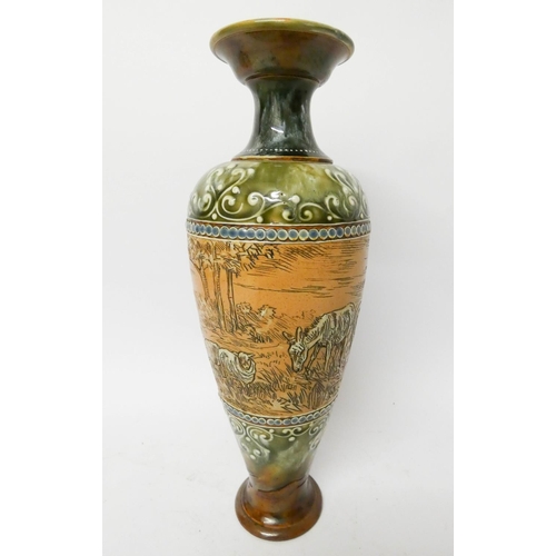 535 - Hannah Barlow for Doulton Lambeth: A tall flared rim vase decorated with a band of donkeys and sheep... 