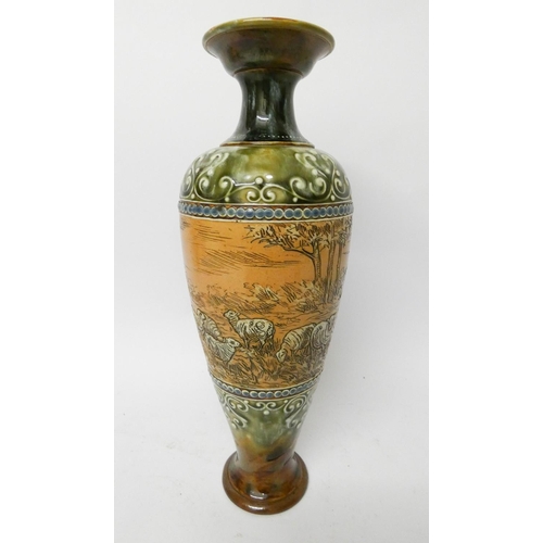 535 - Hannah Barlow for Doulton Lambeth: A tall flared rim vase decorated with a band of donkeys and sheep... 