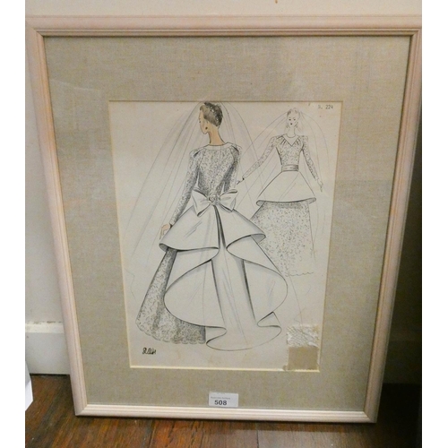 508 - A pair of vintage original fashion sketches by Andrea Borghi Bologna depicting wedding dresses with ... 